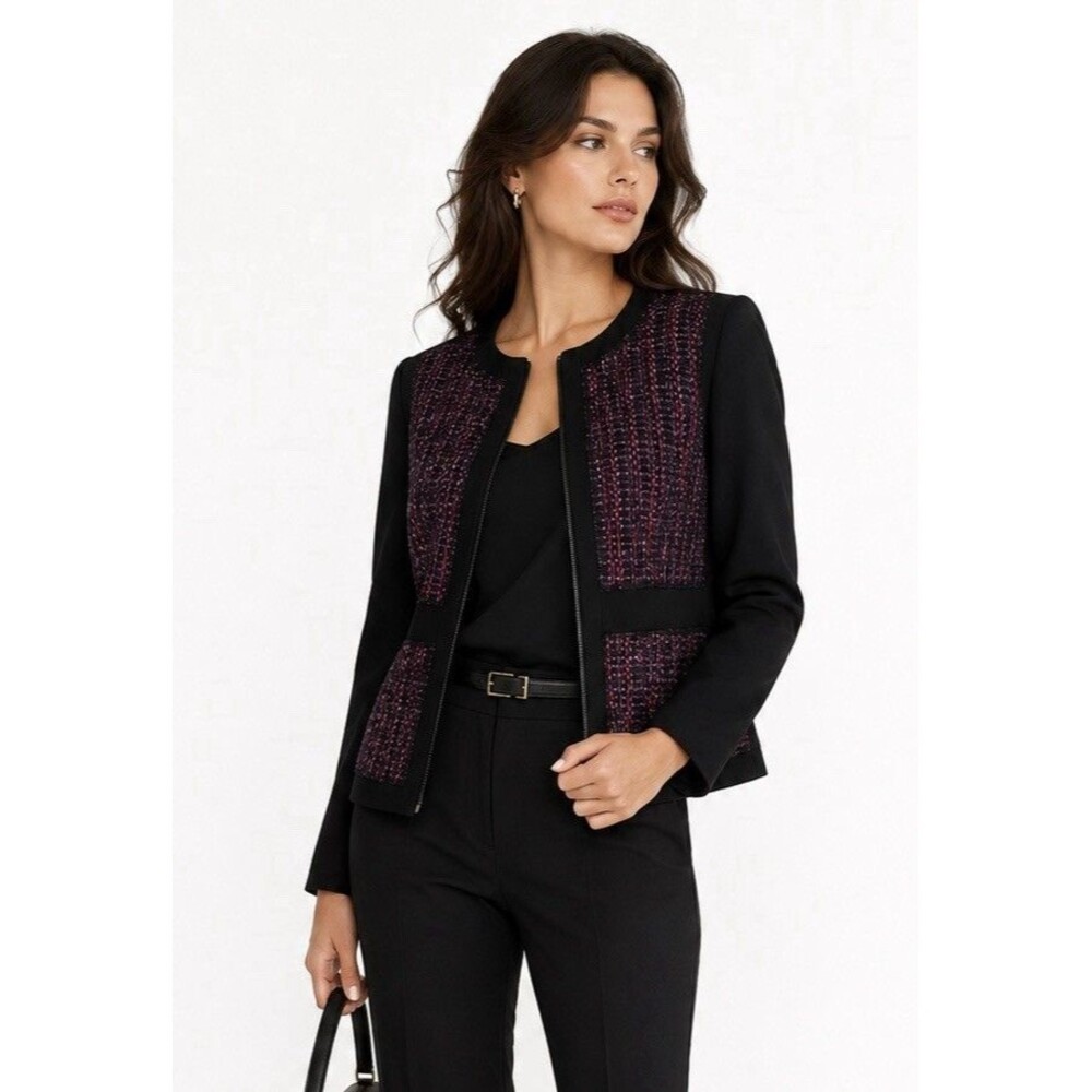 Trina Turk Bevy Tweed Zip Jacket Black Purple Wool Blend Career Office Blazer 8